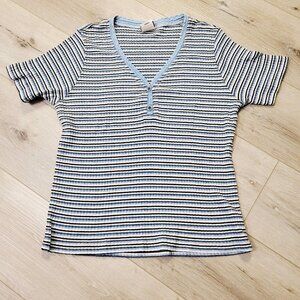 Vtg 90's Core Short Sleeve V Neck Striped Blue T Shirt Top Design Zone Sz M